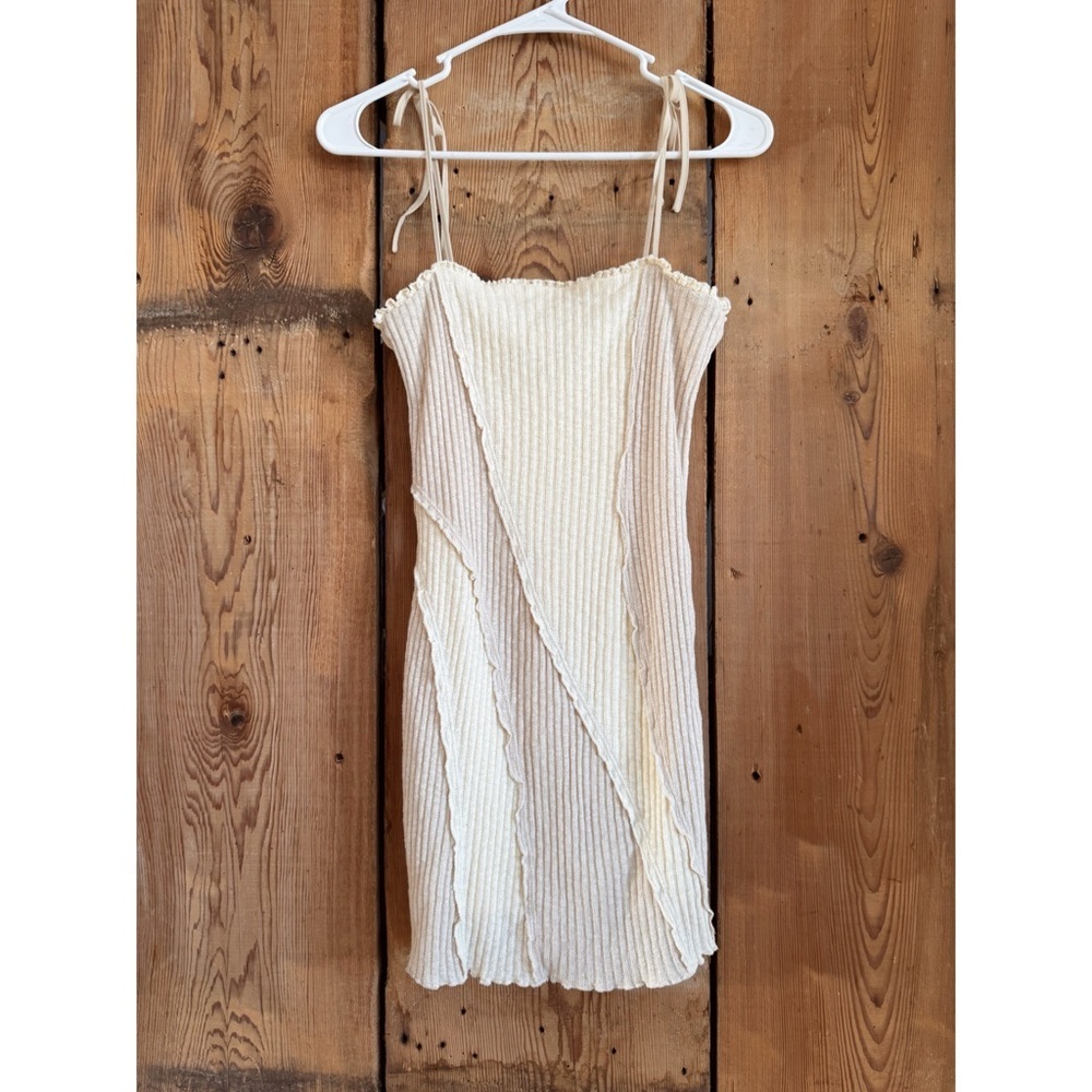 Sz S Urban Outfitters Khaki & Cream Ribbed Knit Spaghetti Strap Mini Dress EUC